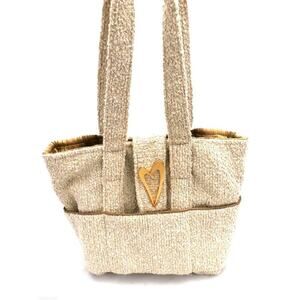 Bag Lady Original Purse Tote Shopper Bag Pockets Gold Metallic Heart Ivory